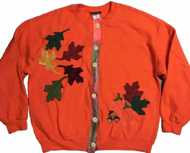 Hand Sewn Sweater Embroidered Fall Leaves Button Halloween Shirt Women's Size XL