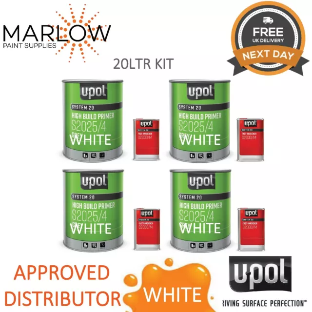 4 X Upol S2025 High Build 2K Primer W/ S2030 Hardener 5Ltr Kit - White 20L Deal