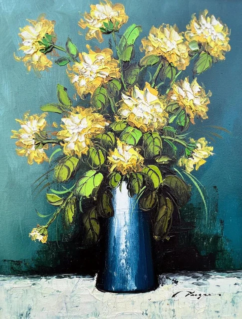 VINTAGE OIL PAINTING Still Life Yellow Flowers Floral Art in Blue Vase ...