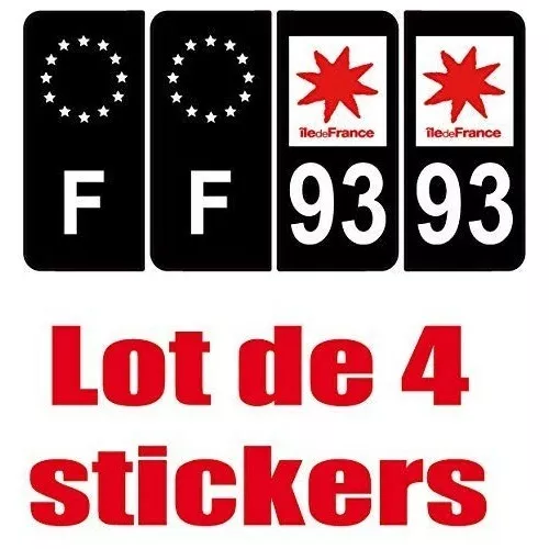 4 Autocollants Stickers Auto Plaque d'immatriculation 93 Black Noir Edition et F