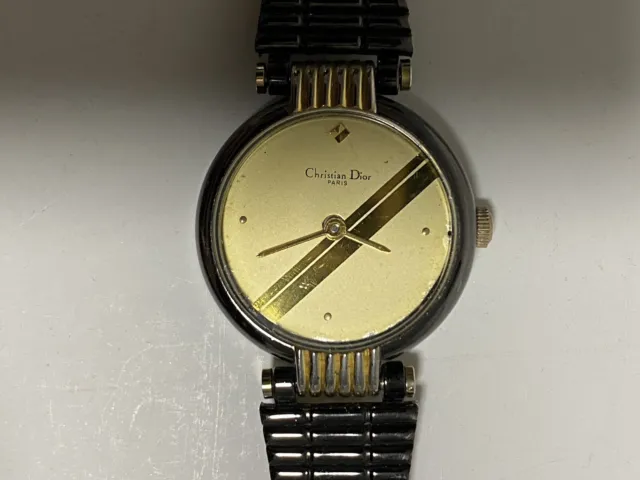 Vintage 80s Christian Dior Watch Silver Gold Tone Metal Band Women's Wristwatch