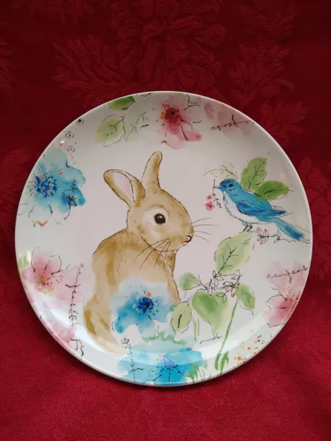 222 FIFTH BASTIA Easter BUNNY Floral Blue Bird SALAD PLATE 8" Porcelain Rabbit