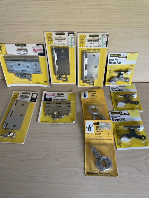 Lot 10 Items: Stanley Hardware Misc Door Hinges, Doorstop & Handi-man Hooks