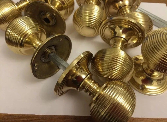 6x Pairs Brass Beehive REEDED Victorian Antique MORTICE Knob Vintage DOOR HANDLE