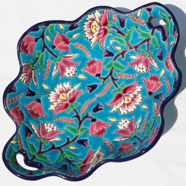 FRENCH EMAUX DE LONGWY ENAMEL MAJOLICA ART POTTERY FLORAL FAIENCE BOWL (W:11"in)