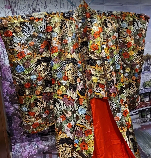 Rare BLACK UCHIKAKE Japanese wedding kimono vibrant woven design US seller