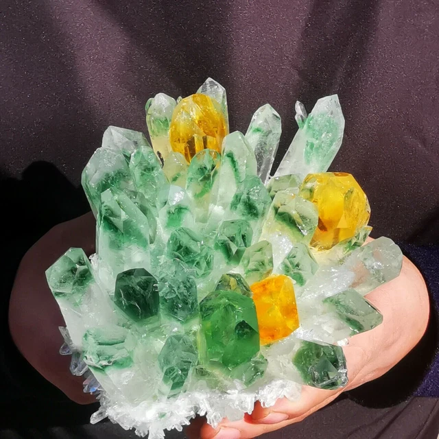 Natural Green Phantom Crystal Ghost Quartz Crystal Cluster with Citrine
