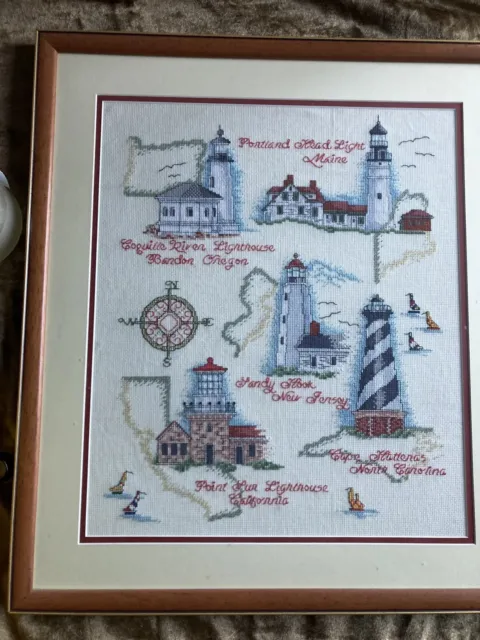 Vtg Embroidered Lighthouse Collage Framed Decor Sandy Hook NJ ME OR CA Hatteras