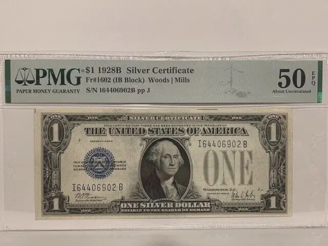 1928 B  $1 Dollar Bill Silver Certificate Funnyback Note Paper Money Pmg Epq
