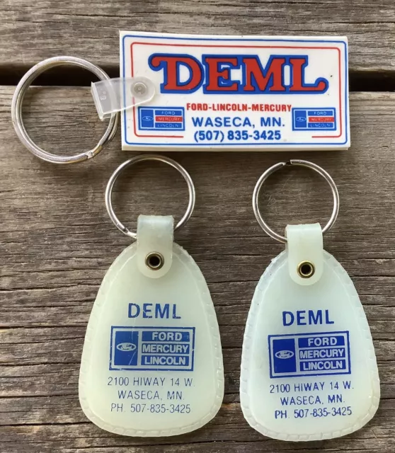 VIntage Set Of 3 Waseca Minnesota Deml Ford Lincoln Mercury Plastic Key Chains