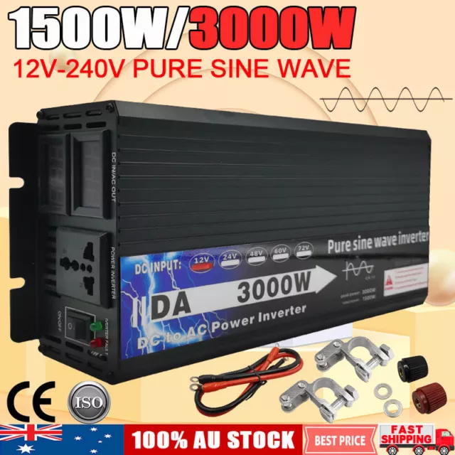 1500W 3000W Pure Sine Wave Power Inverter 12V-240V DC To AC Car Caravan Camping