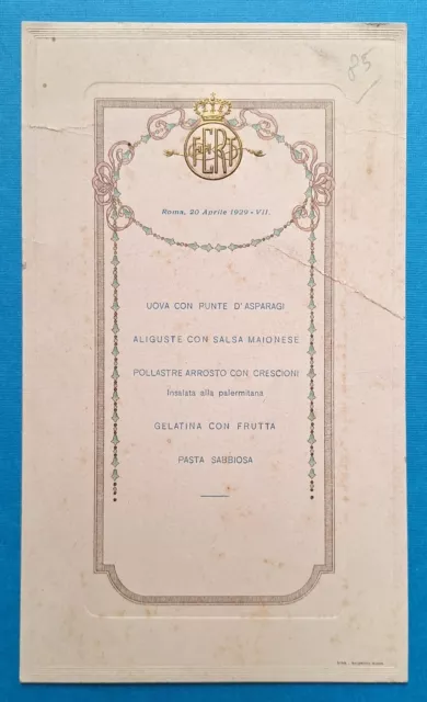 Pranzo Apertura Legislazione - Savoia - Vittorio Emanuele - Menu  20 aprile 1929