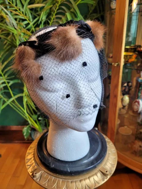 Vtg Black Velvet Fascinator Mink Fur Netted Veiled Pillbox Hat 50s Mid Century