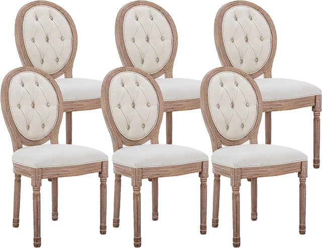 Dining Chairs Set of 6 French Vintage, Mid Century Upholstered Farmhouse Fabric