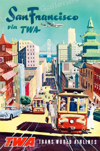 1950s San Francisco TWA Cable Car Vintage Style Travel Poster - 16x24