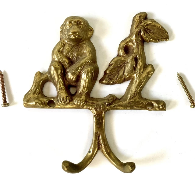Brass Monkey On Branch Wall Mount Double Hook Key / Utility Hanger