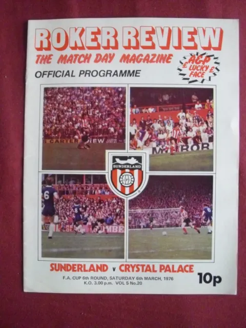 Programme Sunderland v Crystal Palace FA cup 6th rd 6.3.1976