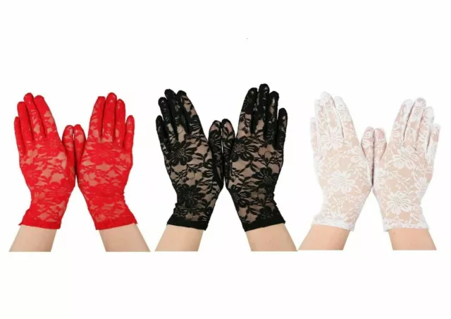 Ladies Short Lace Gloves Black Red White 80s Fancy Dress Gothic Halloween