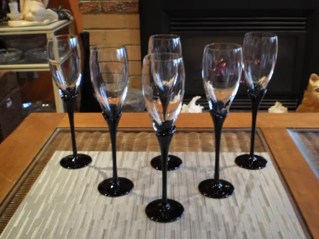 Set Of 6 Tall Crystal Champagne Flutes - Clear Bowl & Black Frosted Petal Stem