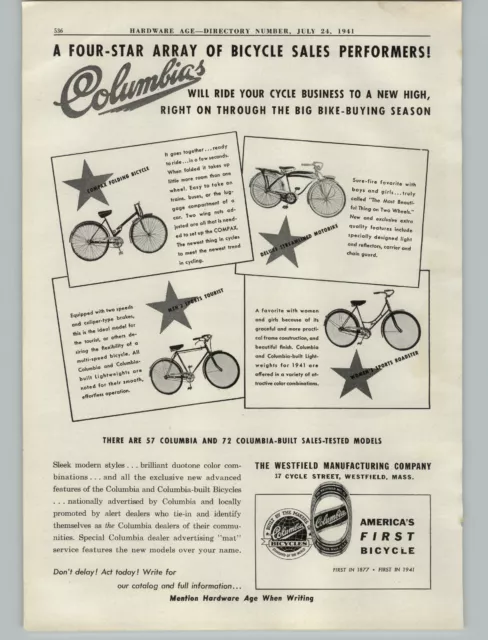 1941 PAPER AD Columbia Bicycle Badge Deluxe Streamlined Motobike Bike