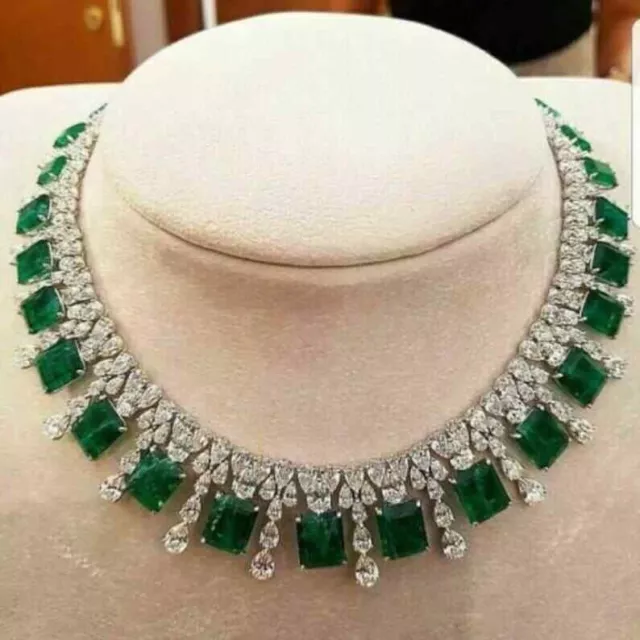 50 CT  Lab Created Emerald Tennis Necklace White Gold Plated 925 Silver