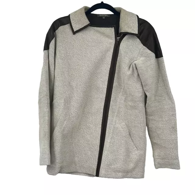 MICHAEL STARS Knit Moto Jacket Ivory Tweed w Leather Trim Zip Up Small 2