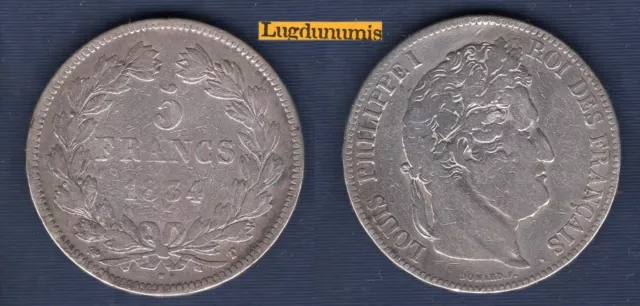 5 Francs 1834 T Nantes TB III - Louis Philippe Ier Tete Laurée 2ème Type