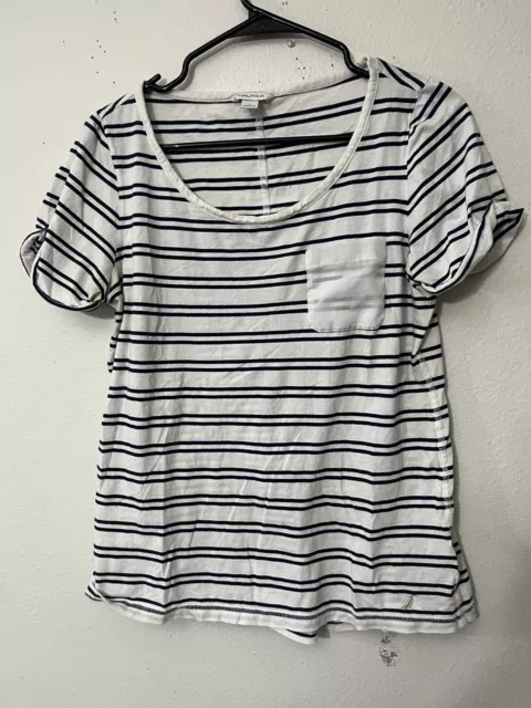 Nautica Women's L T-Shirt Sleeve Boat Neck White Striped Nautical Sailing Tee