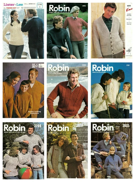 Job Lot 9 Knitting Patterns Sweaters Cardigans Mens Ladies Robin Bundle Vintage