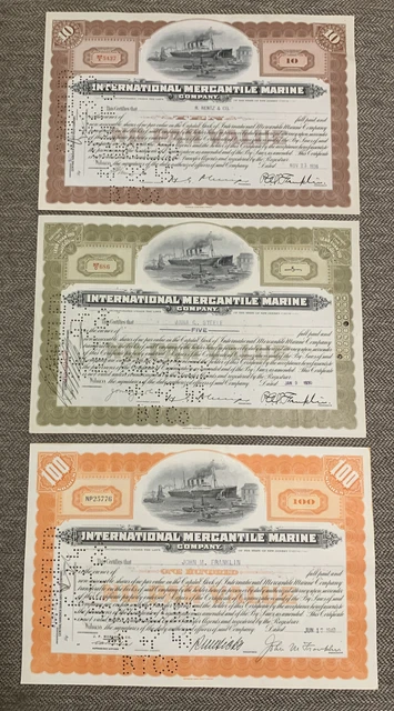 (Lot of 3) International Mercantile Marine stock / Titanic- No Holes in vignette