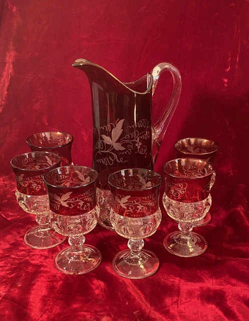 EAPG XLCR Excelsior Adams & Co half gallon tankard 6 goblets Ruby engraved