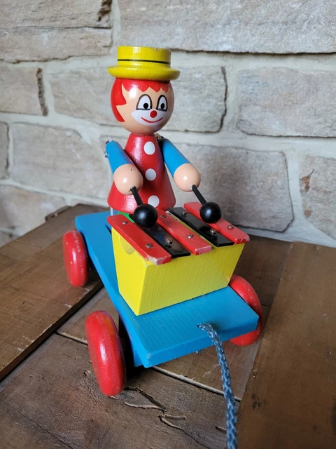 Jouet Ancien à Tirer – Clown Rodéo Sur Taureau En Tôle (années 1930)
