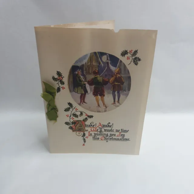 Antique Edwardian Christmas Card , Greetings card , village scene,  singing