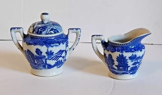 Blue Willow Transferware - Lidded Sugar Bowl & Creamer (mini) Made in Japan