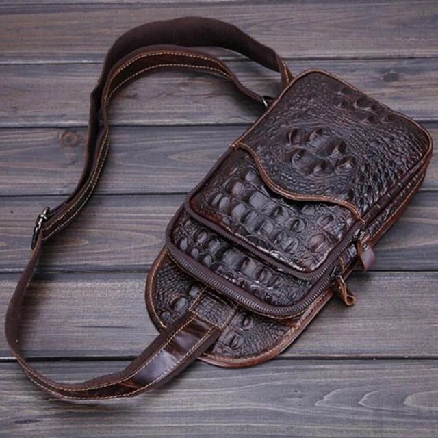 Cowhide Leather Men's Chest Bag Crocodile Crossbody bag Sling Backpack Hiking