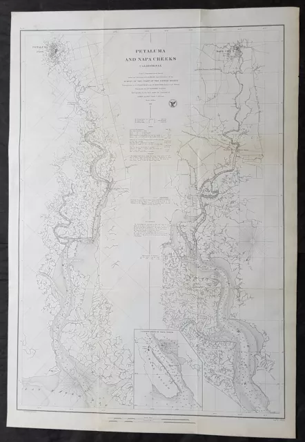 1861 US Coast Survey & Bache Large Antique Map Napa & Petaluma Rivers California