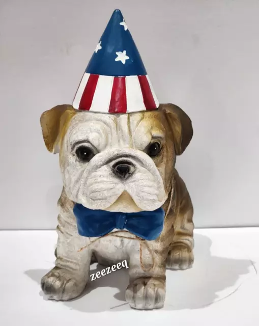 Starts & Stripes Patriotic 4th of July Bulldog Dog With Hat Statue Figurine 8"