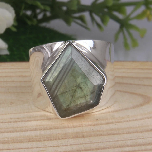 Large Stone Labradorite Statement Ring 925 Sterling Silver Band Ring Jewelry