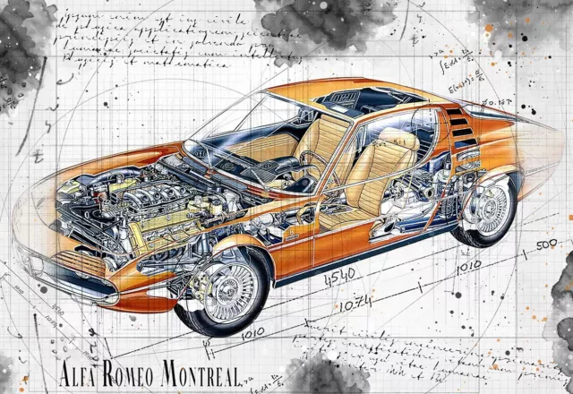 Line Tech Drawing Alfa Romeo Montreal Auto Car Classic Cutaway Art Poster Print