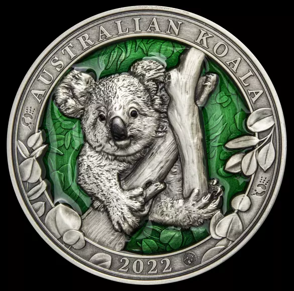 5$ Dollar Colours Of Wildlife - Koala High Relief Barbados 3 OZ Silver 2022