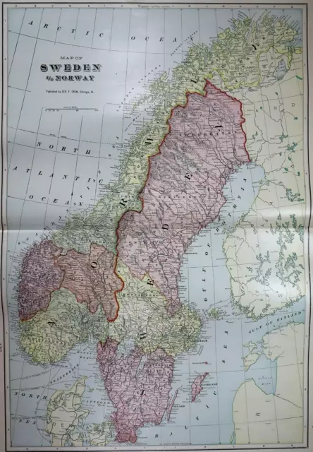 Old (Lg14x22) 1904 Cram's Atlas Map ~ SWEDEN & NORWAY ~ Free S&H ~Inv#318