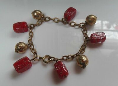 Vintage Stamped Germany Gold-tone Ball & Red Art Glass Charm Bracelet