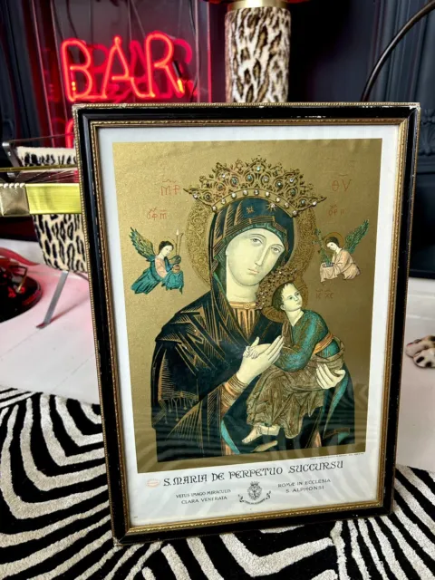 Vintage Italian Religious Gold Framed Print of Our Lady of Perpetual Help