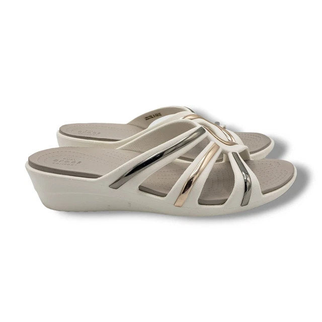 Crocs Sanrah Metal Block Strappy Wedge Sandals Womens 11 White Dual Comfort