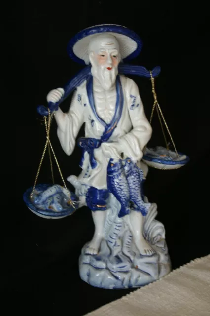 VTG Asian Taiwan Porcelain Figurine Man, Fish & Yoke R-150