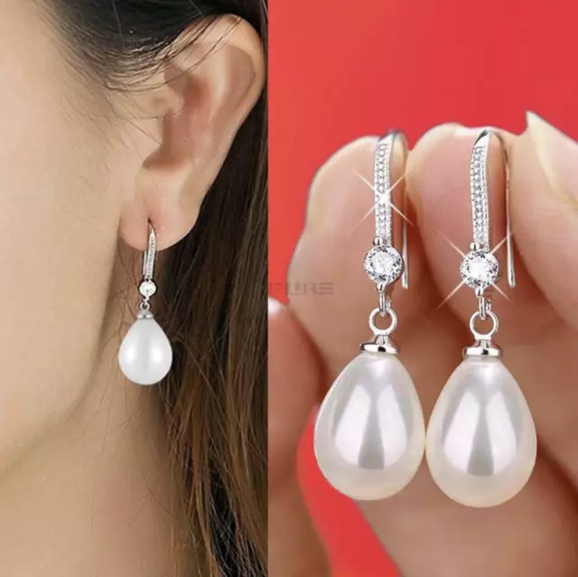 925 Sterling Silver White Red Cubic Zirconia Oval Round Faux Pearl Drop Earrings