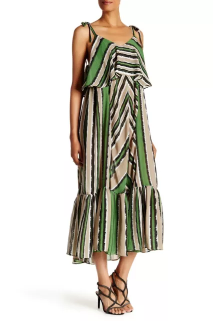 TOV Green White Stripe Print Crepe Chiffon Ruffle Overlay Tie Maxi Dress 10 / 44