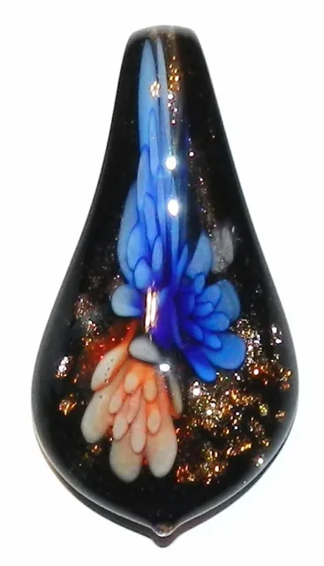 P1218 Blue Triple Flower Gold Sparkle Black 55mm Lampwork Glass Spoon Pendant