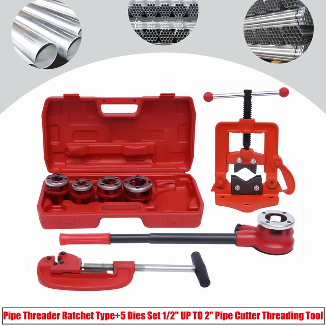 Ratchet Pipe Threader Handheld Pipe Threading Tool w/5 Dies Set +Pipe Cutter New