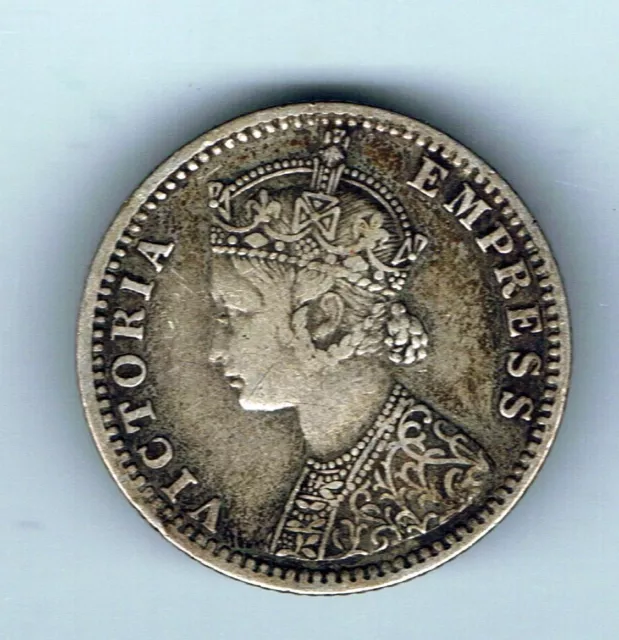 1889 India One Quarter 1/4 Rupee silver coin : 2.8g